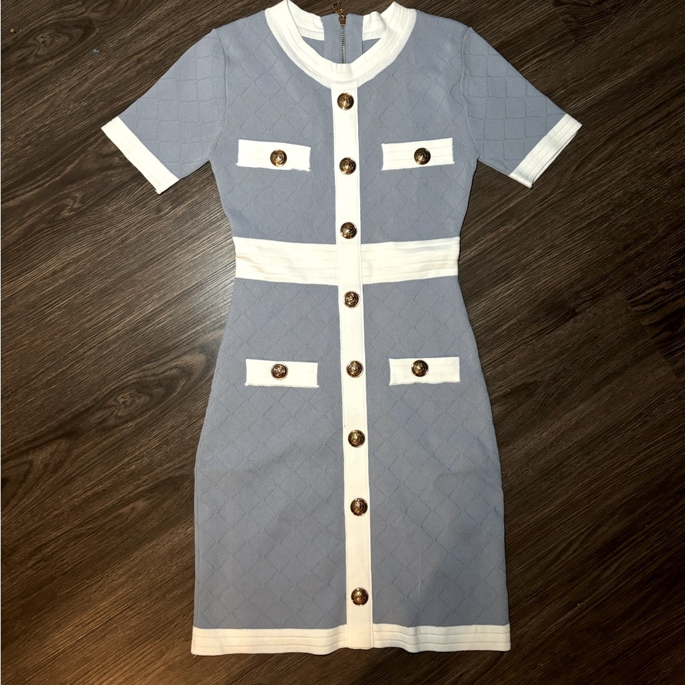 Blue bodycon preppy button up mini dress / cute elegant